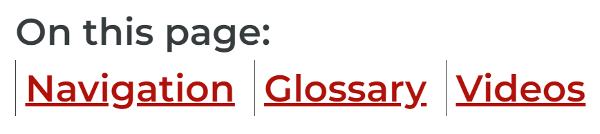 Screenshot of on this page navigation links, including navigation, glossary, and video links.