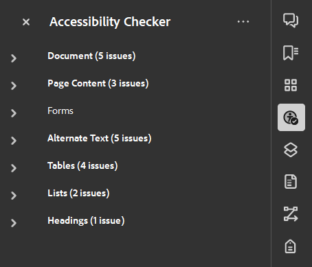 Screenshot of Adobe PDF checker results showing 20 issues in a 19 page PDF copy of a PowerPoint.