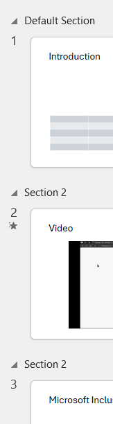 Screenshot of PowerPoint thumbnails showing default sections and sections with duplicate names.