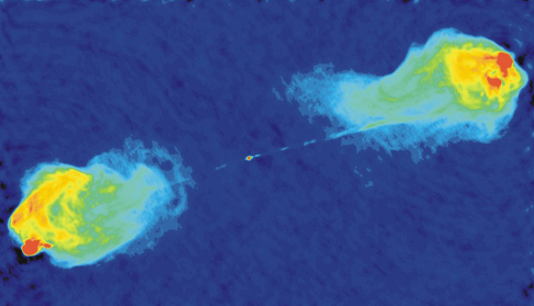 False color radio image of galaxy Cygnus A. This image shows two huge, diffuse clouds (lobes) of hot gas on either side of the galaxy. Thin jets of material are also seen, one on each side, connecting the galaxy to the lobes. The lobes are shown in three colors corresponding to the intensity of the radio energy detected. Blue is least intense and is concentrated in the regions of the lobes closest to the galaxy. Green is next and is located near the center and far edges of the lobes. Finally red is the most intense and is found at the edges of the lobes farthest from the galaxy.