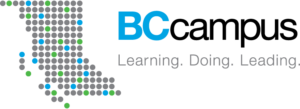 BCcampus Logo - graphic of the province with the text BCcampus and learning, doing, leading.