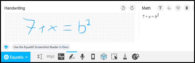 Equatio toolbar showing handwriting recognition tool