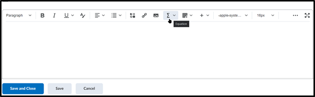Equation tool on Brightspace toolbar circled in red