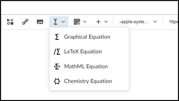 Equation menu oipen in Brightspace editor