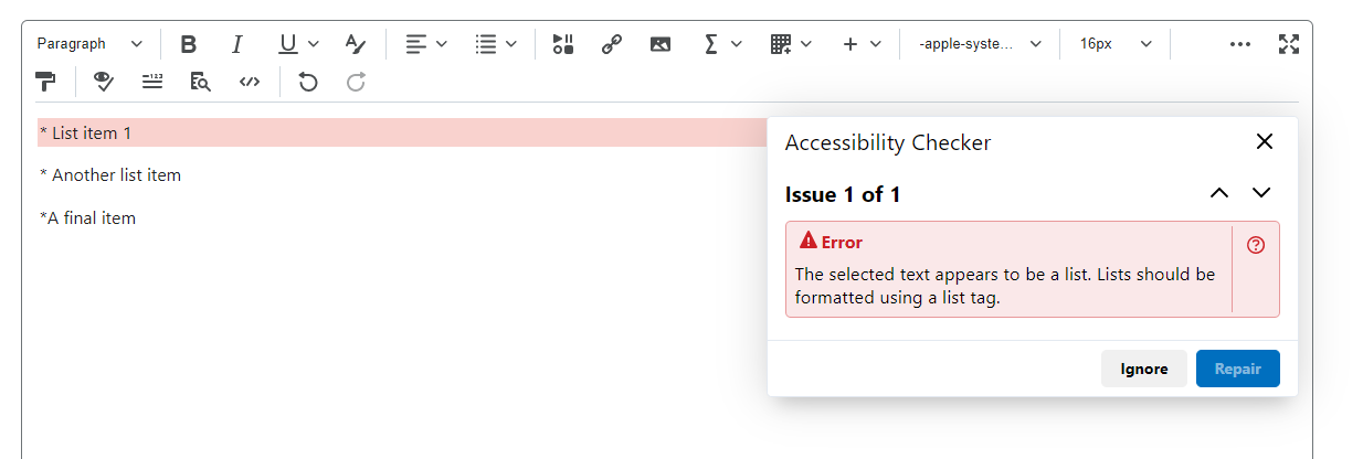 Brightspace accessibility checker display an error with lists