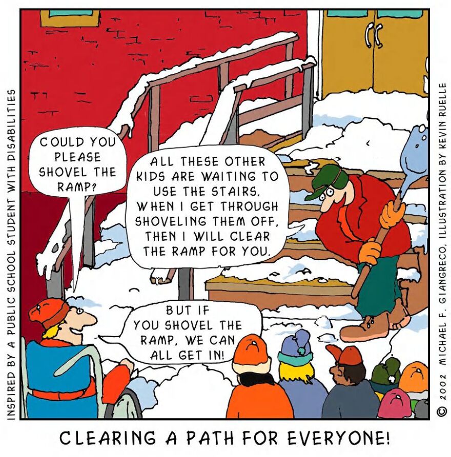 Cartoon of children asking why the ramp isn't shoveled before the stairs, as everyone can use the ramp