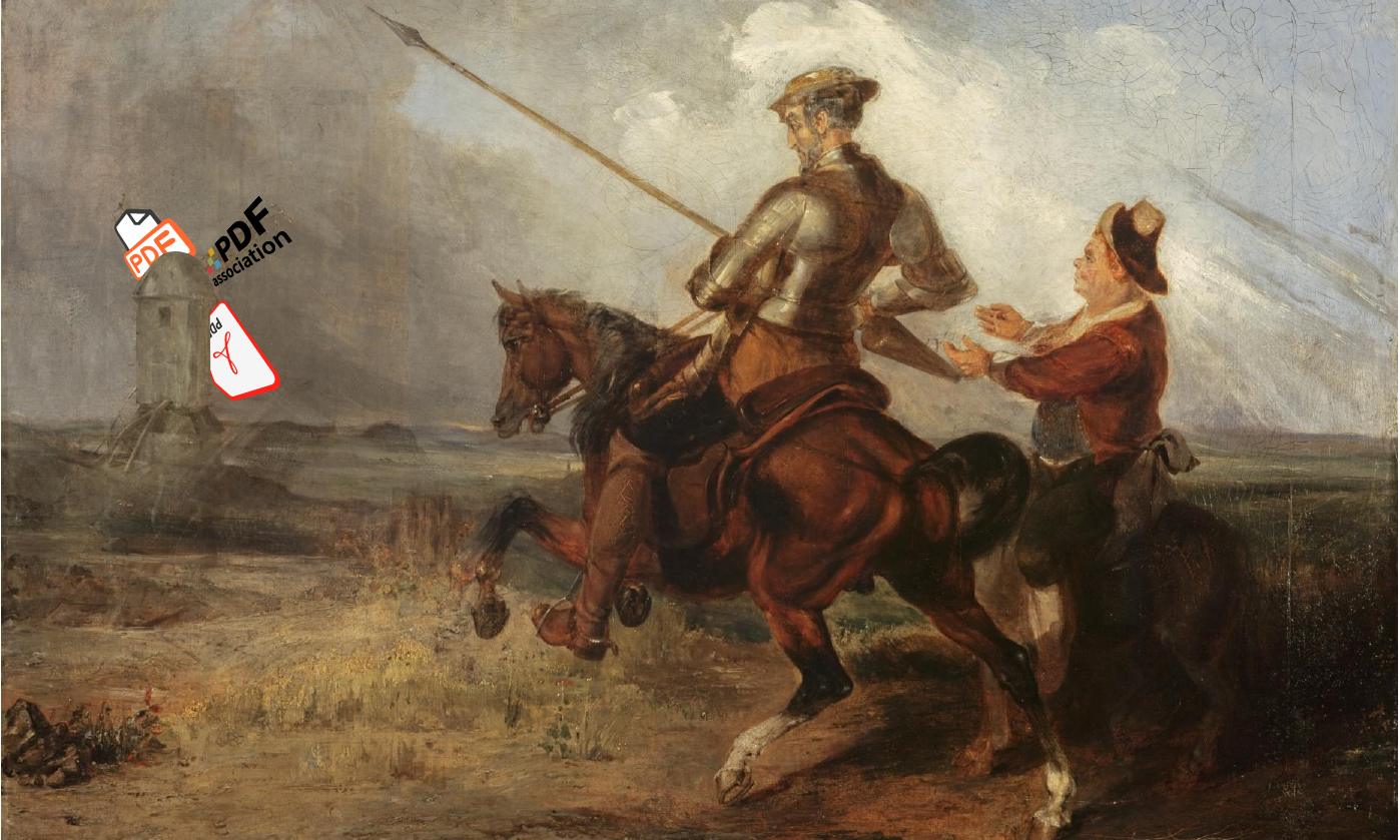 An oil painting by William Stewart Watson of Don Quixote on a horse carrying a lance charging at a windmill with PDF logos in place of traditional blades.