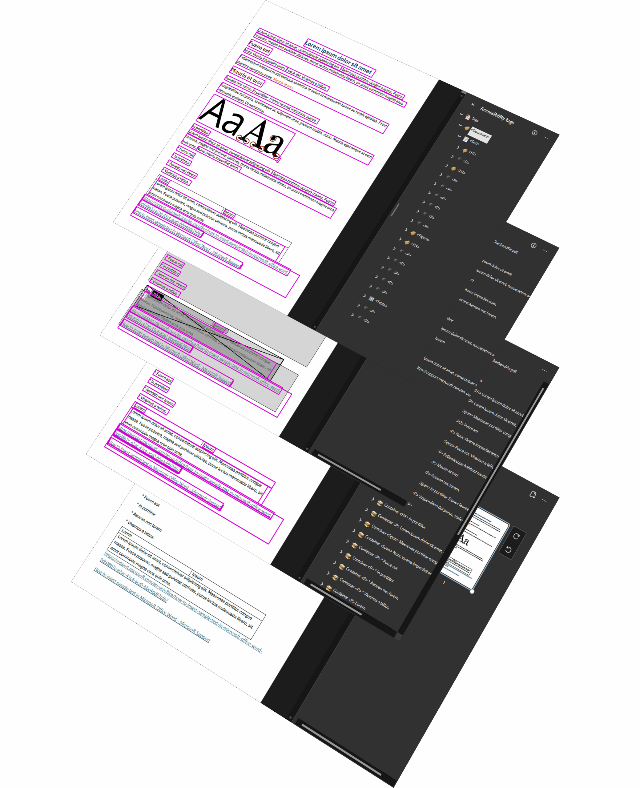 4 screenshots of a pdf layered on top of each other showing the content, tags tree, and reading order panel.