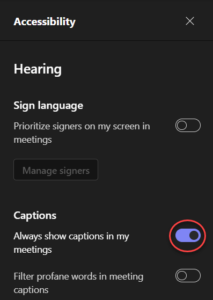 Teams accessibility pane open with captions toggle highlighted