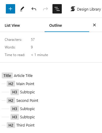 Screenshot of WordPress block editor outline viewing showing correct heading structure (h2, h3, h2, h3 h3, h2