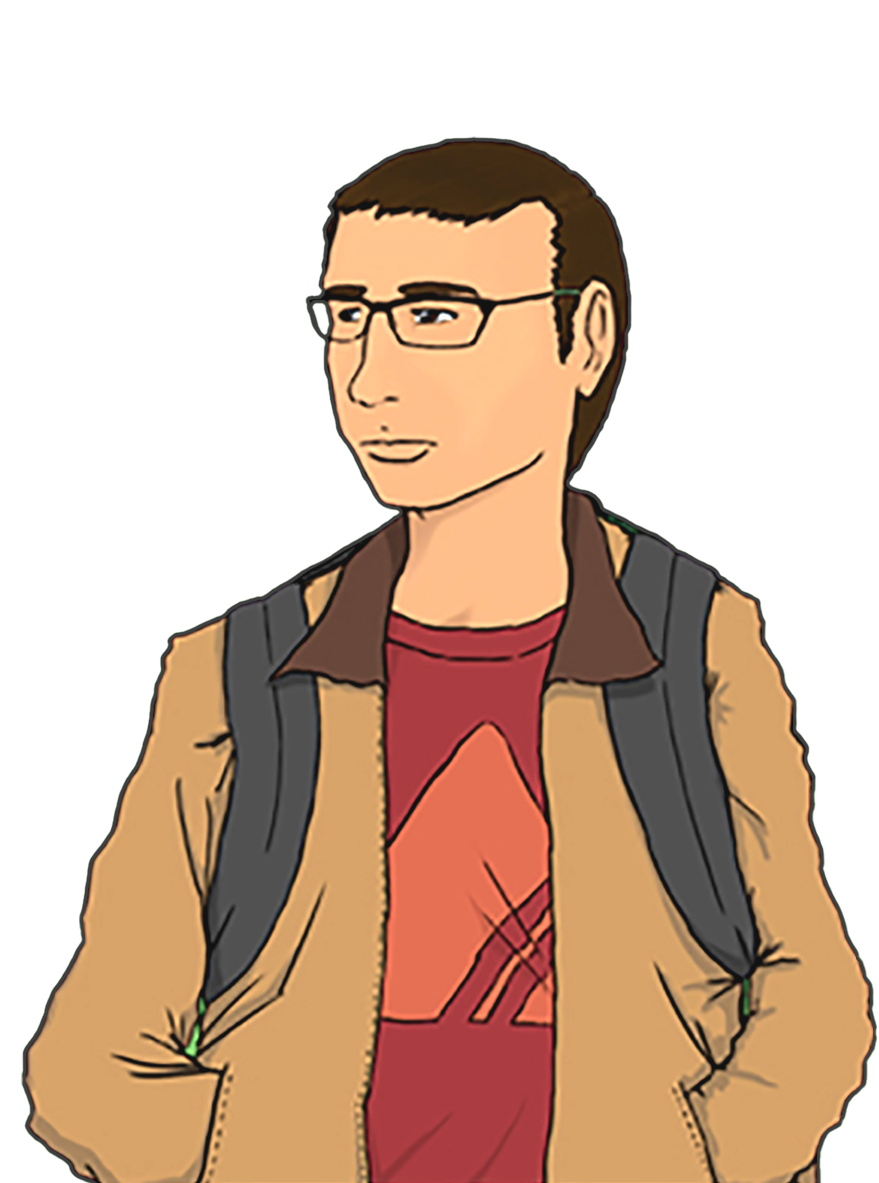 Drawing of Alex wearing glasses, a jacket and carrying a backpack.