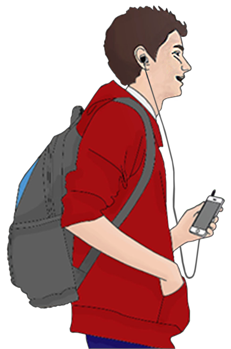 A cartoon drawing of Mark, a young man wearing a red sweater with a backpack on and listening to music with headphones.