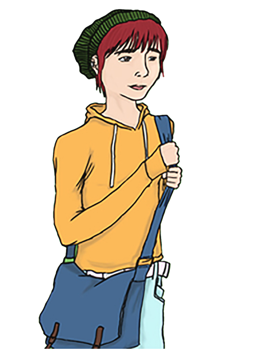 Drawing of Natalie wearing a sweater and toque and carrying a shoulder bag.