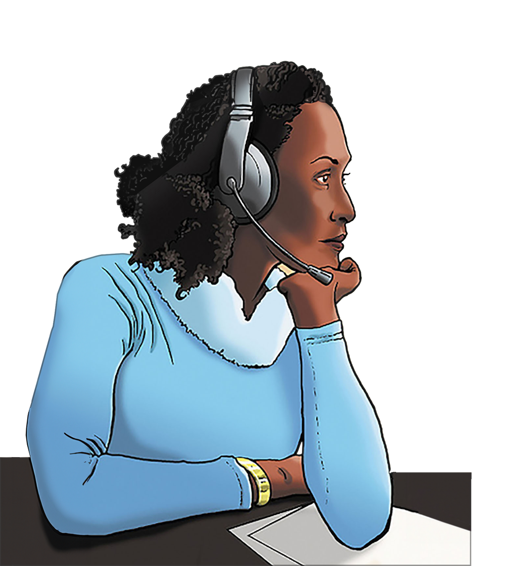 Drawing of Kelly sitting at a desk with her chin resting on her arm. Kelly is wearing a microphone headset.