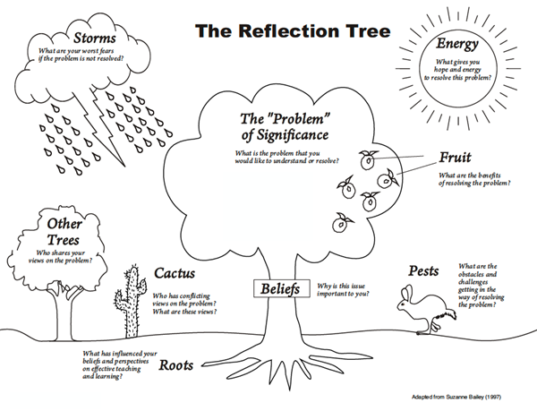 an drawing with a tree, storms, sun (energy), fruit, beliefs, cactus, pests, roots, and other trees. Each item has a short description describing each aspect