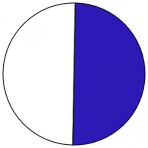 A circle split into two equal segments. One is blank, the other is shaded blue.
