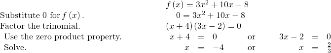 \begin{array}{cccccc}& & & & & f\left(x\right)=3{x}^{2}+10x-8\hfill \\ \text{Substitute 0 for}\phantom{\rule{0.2em}{0ex}}f\left(x\right).\hfill & & & & & \phantom{\rule{1.2em}{0ex}}0=3{x}^{2}+10x-8\hfill \\ \text{Factor the trinomial.}\hfill & & & & & \left(x+4\right)\left(3x-2\right)=0\hfill \\ \begin{array}{c}\text{Use the zero product property.}\hfill \\ \text{Solve.}\hfill \end{array}\hfill & & & & & \begin{array}{ccccccccccc}\hfill x+4& =\hfill & 0\hfill & & & \text{or}\hfill & & & \hfill 3x-2& =\hfill & 0\hfill \\ \hfill x& =\hfill & -4\hfill & & & \text{or}\hfill & & & \hfill x& =\hfill & \frac{2}{3}\hfill \end{array}\hfill \end{array}