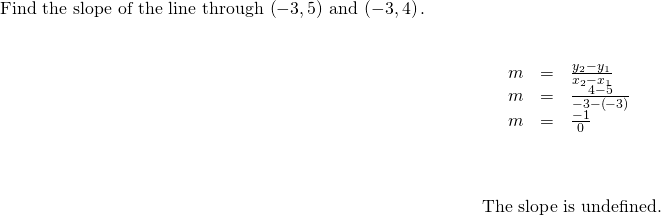 \begin{array}{cccc}\begin{array}{c}\text{Find the slope of the line through}\phantom{\rule{0.2em}{0ex}}\left(-3,5\right)\phantom{\rule{0.2em}{0ex}}\text{and}\phantom{\rule{0.2em}{0ex}}\left(-3,4\right).\hfill \\ \\ \\ \\ \\ \\ \\ \\ \\ \end{array}\hfill & & & \phantom{\rule{1em}{0ex}}\begin{array}{ccc}\hfill m& =\hfill & \frac{{y}_{2}-{y}_{1}}{{x}_{2}-{x}_{1}}\hfill \\ \hfill m& =\hfill & \frac{4-5}{-3-\left(-3\right)}\hfill \\ \hfill m& =\hfill & \frac{-1}{0}\hfill \end{array}\hfill \\ & & & \text{The slope is undefined.}\hfill \end{array}