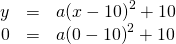 \phantom{\rule{3.35em}{0ex}}\begin{array}{ccc}\hfill y& =\hfill & a{\left(x-10\right)}^{2}+10\hfill \\ \hfill 0& =\hfill & a{\left(0-10\right)}^{2}+10\hfill \end{array}