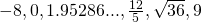 -8,0,1.95286...,\frac{12}{5},\sqrt{36},9
