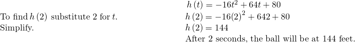 \begin{array}{cccccc}& & & & & \phantom{\rule{3.2em}{0ex}}h\left(t\right)=-16{t}^{2}+64t+80\hfill \\ \text{To find}\phantom{\rule{0.2em}{0ex}}h\left(2\right)\phantom{\rule{0.2em}{0ex}}\text{substitute 2 for}\phantom{\rule{0.2em}{0ex}}t.\hfill & & & & & \phantom{\rule{3em}{0ex}}h\left(2\right)=-16{\left(2\right)}^{2}+64·2+80\hfill \\ \text{Simplify.}\hfill & & & & & \phantom{\rule{3em}{0ex}}h\left(2\right)=144\hfill \\ & & & & & \phantom{\rule{3em}{0ex}}\text{After 2 seconds, the ball will be at 144 feet.}\hfill \end{array}