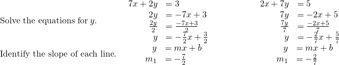 \begin{array}{ccc}\text{Solve the equations for}\phantom{\rule{0.2em}{0ex}}y\text{.}\hfill & \begin{array}{cc}\hfill 7x+2y& =3\hfill \\ \hfill 2y& =-7x+3\hfill \\ \hfill \frac{2y}{2}& =\frac{-7x+3}{2}\hfill \\ \hfill y& =-\frac{7}{2}x+\frac{3}{2}\hfill \end{array}\hfill & \phantom{\rule{4em}{0ex}}\begin{array}{cc}\hfill 2x+7y& =5\hfill \\ \hfill 7y& =-2x+5\hfill \\ \hfill \frac{7y}{7}& =\frac{-2x+5}{7}\hfill \\ \hfill y& =-\frac{2}{7}x+\frac{5}{7}\hfill \end{array}\hfill \\ \hfill \text{Identify the slope of each line}.& \phantom{\rule{1.9em}{0ex}}\begin{array}{cc}\hfill y& =mx+b\hfill \\ \hfill {m}_{1}& =-\frac{7}{2}\hfill \end{array}\hfill & \phantom{\rule{5.9em}{0ex}}\begin{array}{cc}\hfill y& =mx+b\hfill \\ \hfill {m}_{1}& =-\frac{2}{7}\hfill \end{array}\hfill \end{array}