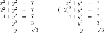 \begin{array}{ccccccccc}\hfill {x}^{2}+{y}^{2}& =\hfill & 7\hfill & & & & \hfill {x}^{2}+{y}^{2}& =\hfill & 7\hfill \\ \hfill {2}^{2}+{y}^{2}& =\hfill & 7\hfill & & & & \hfill {\left(-2\right)}^{2}+{y}^{2}& =\hfill & 7\hfill \\ \hfill 4+{y}^{2}& =\hfill & 7\hfill & & & & \hfill 4+{y}^{2}& =\hfill & 7\hfill \\ \hfill {y}^{2}& =\hfill & 3\hfill & & & & \hfill {y}^{2}& =\hfill & 3\hfill \\ \hfill y& =\hfill & \text{±}\sqrt{3}\hfill & & & & \hfill y& =\hfill & \text{±}\sqrt{3}\hfill \end{array}