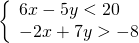 \left\{\begin{array}{c}6x-5y<20\hfill \\ -2x+7y>-8\hfill \end{array}