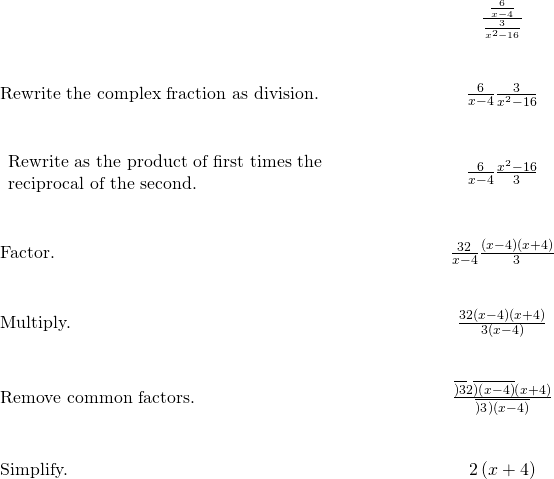 \begin{array}{cccc}& & & \hfill \phantom{\rule{4em}{0ex}}\frac{\frac{6}{x-4}}{\frac{3}{{x}^{2}-16}}\hfill \\ \\ \\ \text{Rewrite the complex fraction as division.}\hfill & & & \hfill \phantom{\rule{4em}{0ex}}\frac{6}{x-4}÷\frac{3}{{x}^{2}-16}\hfill \\ \\ \\ \begin{array}{c}\text{Rewrite as the product of first times the}\hfill \\ \text{reciprocal of the second.}\hfill \end{array}\hfill & & & \hfill \phantom{\rule{4em}{0ex}}\frac{6}{x-4}·\frac{{x}^{2}-16}{3}\hfill \\ \\ \\ \text{Factor.}\hfill & & & \hfill \phantom{\rule{4em}{0ex}}\frac{3·2}{x-4}·\frac{\left(x-4\right)\left(x+4\right)}{3}\hfill \\ \\ \\ \text{Multiply.}\hfill & & & \hfill \phantom{\rule{4em}{0ex}}\frac{3·2\left(x-4\right)\left(x+4\right)}{3\left(x-4\right)}\hfill \\ \\ \\ \text{Remove common factors.}\hfill & & & \hfill \phantom{\rule{4em}{0ex}}\frac{\overline{)3}·2\overline{)\left(x-4\right)}\left(x+4\right)}{\overline{)3}\overline{)\left(x-4\right)}}\hfill \\ \\ \\ \text{Simplify.}\hfill & & & \hfill \phantom{\rule{4em}{0ex}}2\left(x+4\right)\hfill \end{array}