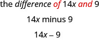 The difference of 14 x and 9, 14 x minus 9.