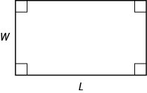 Image shows a rectangle. All four angles are marked as right angles. The longer, horizontal side is labeled L and the shorter, vertical side is labeled w.