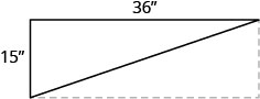 The figure illustrates rectangular shelving whose width of 36 inch and height of 15 inches forms a right triangle with a diagonal brace.