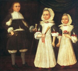 1670 oil on canvas portrait of three children: one boy, two girls.