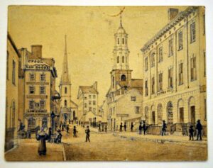 View up Wall Street / Trinity and Wall St. church; sepia drawing.