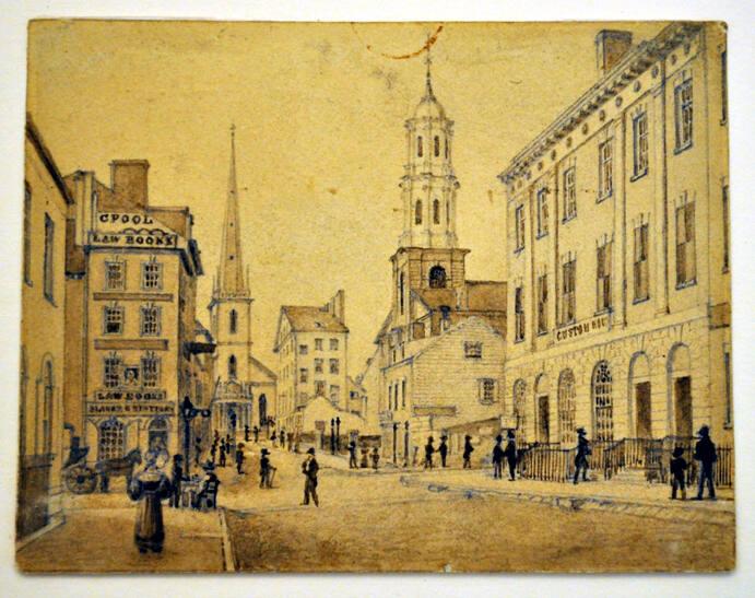 View up Wall Street / Trinity and Wall St. church; sepia drawing.