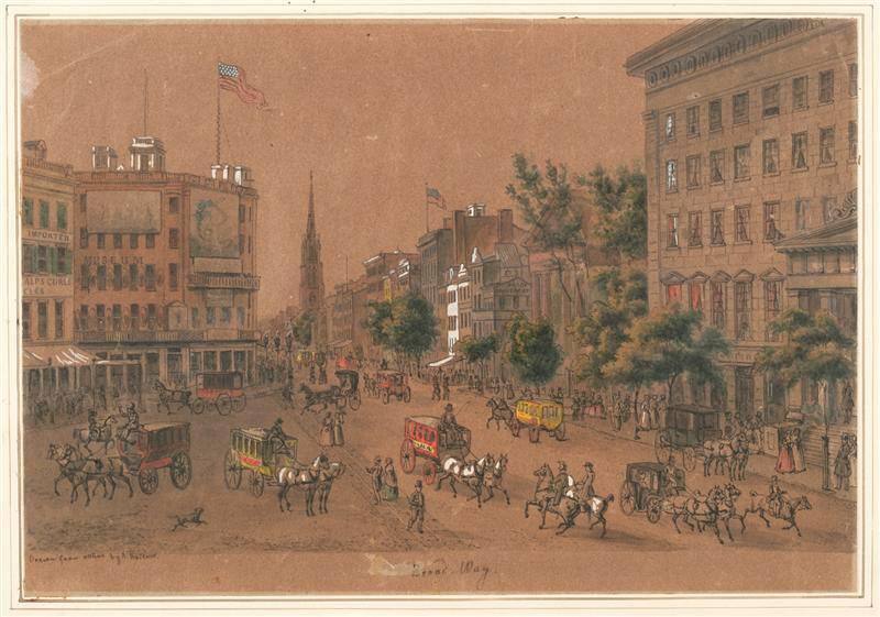 Brown ink and wash, watercolor, gouache, and graphite on light brown paper, laid on card. This view of Broadway from the junction streets at the south end of City Hall Park shows at the right the Astor House, or Park Hotel, built in 1834; St. Paul's Chapel; and, in the distance, Trinity Church on Broadway at Wall Street. A sign indicates the daguerreotype studio of Mathew B. Brady at the corner of Broadway and Fulton Street, across from St. Paul's. The building at the left is Barnum's Museum at the corner of Broadway and Ann Street, the site which it occupied from 1830 to 1865.