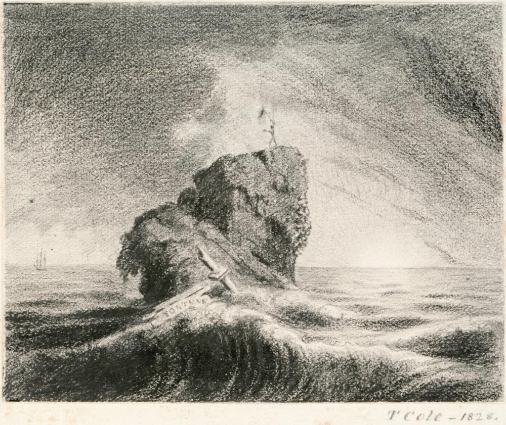 Shipwreck drawing, 1827. Signed and inscribed at lower right outside image in graphite: "T Cole --1828." Inscribed below image partially erased: "Hope afraid in…the..."