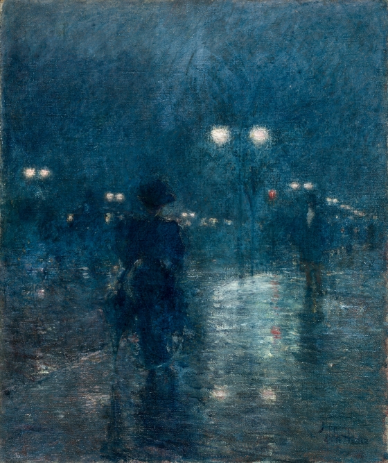 Impressionist painting of figures walking along 5th avenue at night, with soft streetlamps.