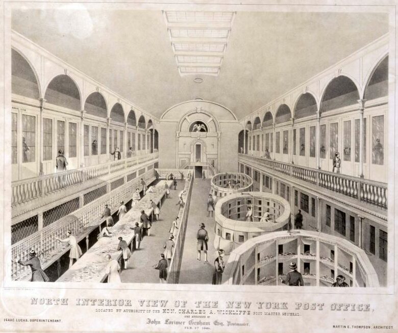 North Interior View of the New York Post Office, 1845; greyscale drawing.