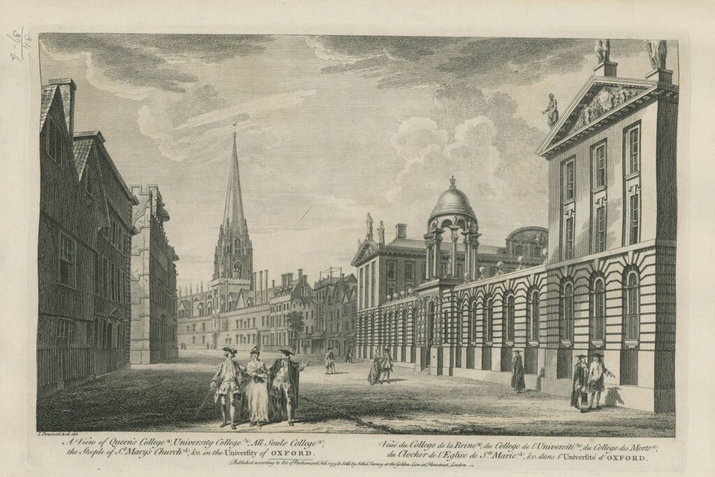 People walking in the streets of Oxford in front of Queen's College, 1755