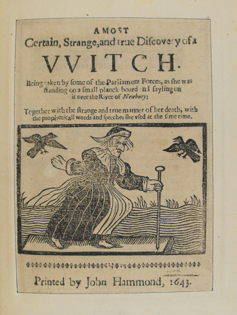 The title page of the pamphlet bears a woodcut, which shows the witch sailing on her plank on the river.