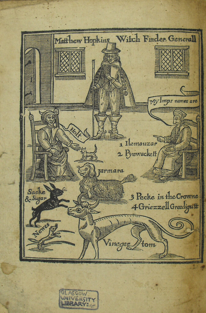 This woodcut depicts the self-styled Witchfinder General, Matthew Hopkins, with witches and their familiar spirits.