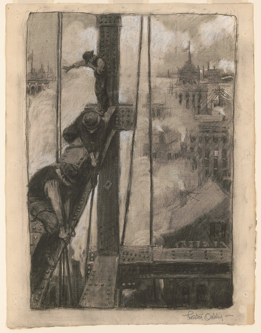 Three ironworkers on girder with steam and rooftops in background, New York City; charcoal.