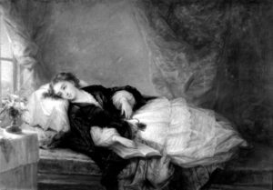 Greyscale painting of a woman lying in bed, looking wistfully out a window.