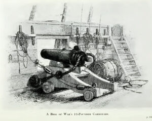 1913 illustration of a "12 pounder" carronade on a 19th century brig of war.