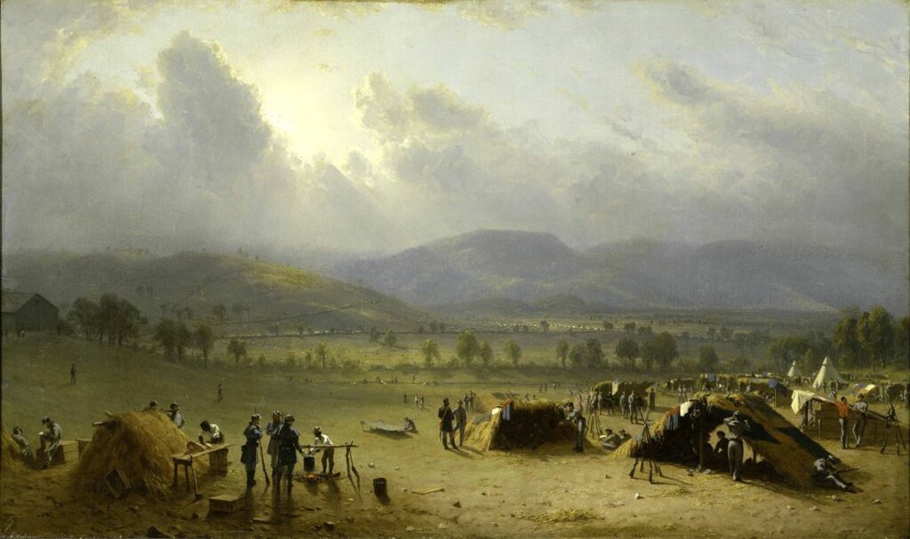 Painting of "Camp of the Seventh Regiment, near Frederick, Maryland, July 1863," by Sanford Robinson Gifford, 1864.