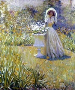 Impressionist painting of a woman in a flower garden.