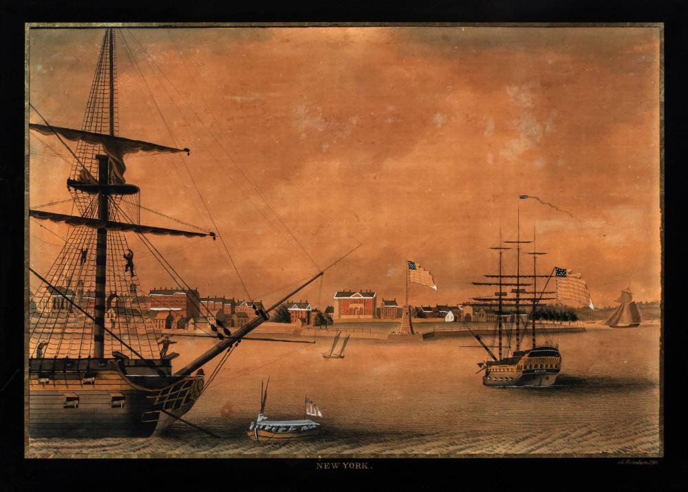 Watercolor, pencil and gouache on paper laid down on linen. Early panorama of New York Harbor, seen from the south.