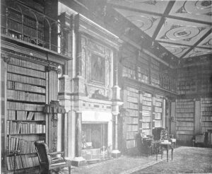 A 1904 English home library. Black and white.