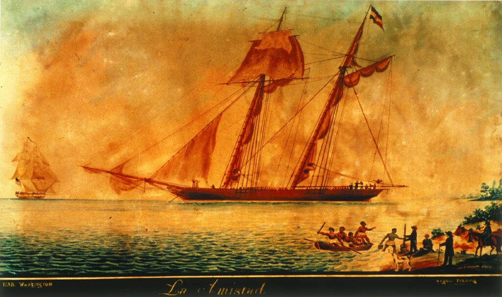 Contemporary painting of the sailing vessel La Amistad off Culloden Point, Long Island, New York, on 26 August 1839; on the left the USS Washington of the US Navy (oil painting).